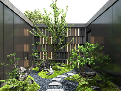 Serene Courtyard Garden With Black Walls Wooden Lattice Stone Path Green Plants And Rocks 3d model