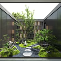Serene Courtyard Garden With Black Walls Wooden Lattice Stone Path Green Plants And Rocks