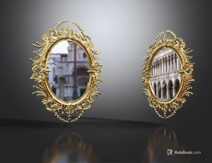 Elegant Ornate Golden Framed Mirrors with Intricate Details Reflecting Classical Architecture 3d model 