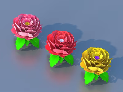 Three Colorful Paper Craft Flowers Pink Red Yellow with Green Leaves and Central Gems 3d model