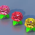 Three Colorful Paper Craft Flowers Pink Red Yellow with Green Leaves and Central Gems