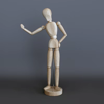 Wooden Articulated Doll Model Figure With Movable Joints Standing On Gray Background 3d model