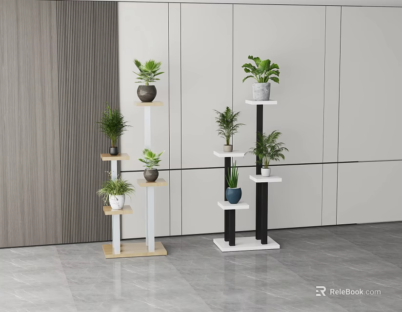 Potted Plants On Multi Tiered Light And Black White Stands In Modern Interior 3d model 