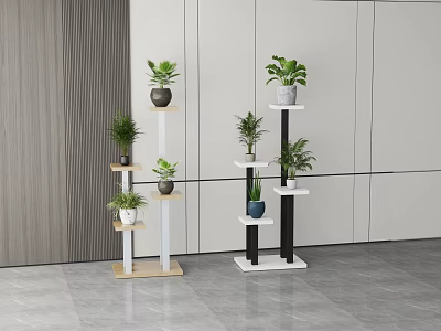 Potted Plants On Multi Tiered Light And Black White Stands In Modern Interior 3d model