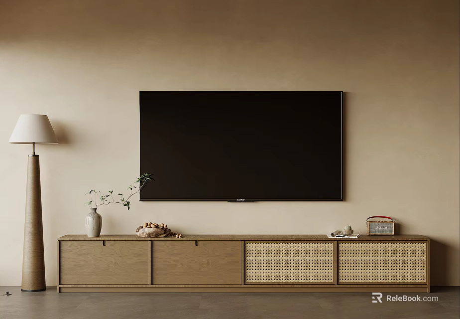 Natural Wooden TV Stand With Rattan Doors And Flat Screen TV In Minimalist Living Room 3d model 