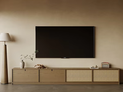 Natural Wooden TV Stand With Rattan Doors And Flat Screen TV In Minimalist Living Room 3d model