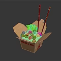 Tasty Noodles in Takeout Noodle Box with Fresh Vegetables and Red Chopsticks