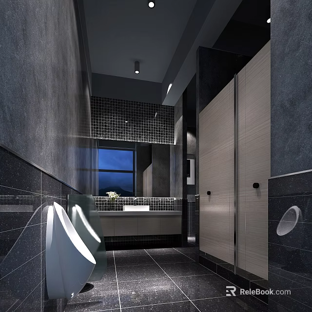 Modern Sleek Public Bathroom With Dark Stone Tiles Urinals And Wooden Toilet Partition Stalls 3d model 