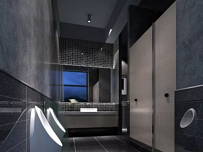 Modern Sleek Public Bathroom With Dark Stone Tiles Urinals And Wooden Toilet Partition Stalls 3d model