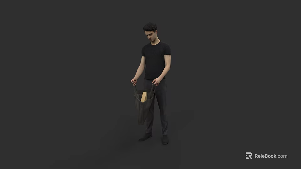 Woman Wearing Black T-Shirt And Dark Pants Holding Gray Bag Against Gray Background 3d model 