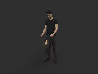 Woman Wearing Black T-Shirt And Dark Pants Holding Gray Bag Against Gray Background 3d model