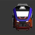 Sleek Modern Red Blue Train With Black Front On Tracks And Passenger Windows