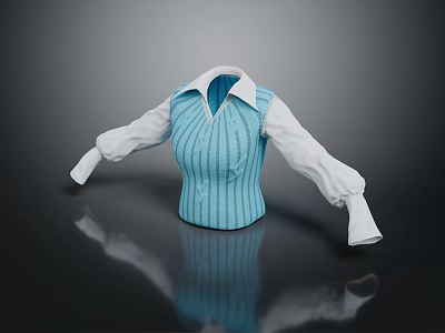 Stylish Blue Striped Vest With White Shirt Sleeves And Collared Neckline 3d model