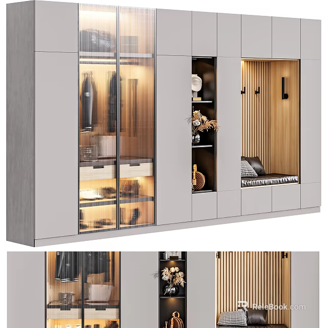 Modern Wardrobe With Glass Doors Hanging Space Storage Drawers And Lighting Design 3d model 