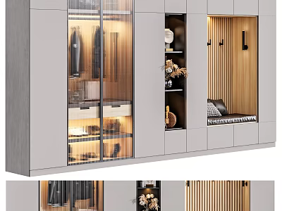 Modern Wardrobe With Glass Doors Hanging Space Storage Drawers And Lighting Design 3d model