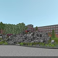 Scenic Park Landscape With Rock Waterfall Stone Path Green Trees And Pedestrians Walking