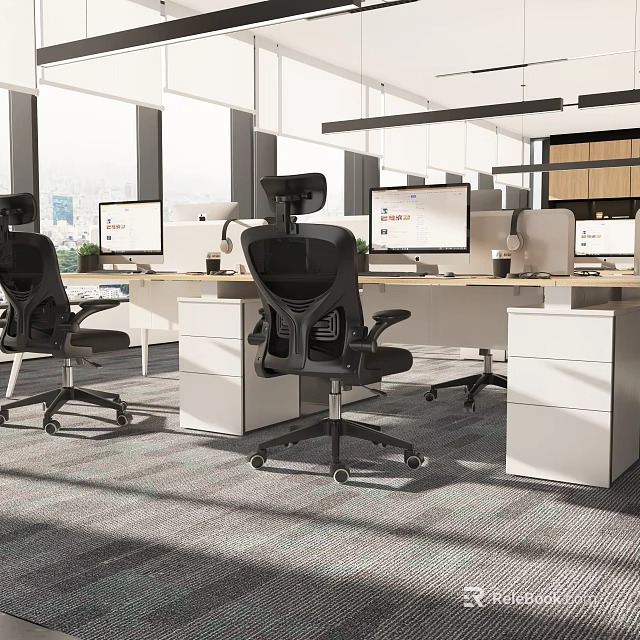 Modern Office Interior With Ergonomic Chairs Workstations Computer Monitors And Large Windows 3d model 