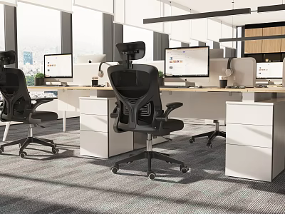Modern Office Interior With Ergonomic Chairs Workstations Computer Monitors And Large Windows 3d model