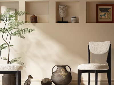 Modern Dining Chair Interior With Black Frame Fabric Cushion And Decorative Plant Vase 3d model