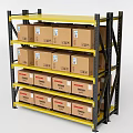 Multi Layer Metal Storage Rack With Labeled Cardboard Boxes On Shelves 3d model