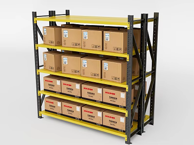 Multi Layer Metal Storage Rack With Labeled Cardboard Boxes On Shelves 3d model