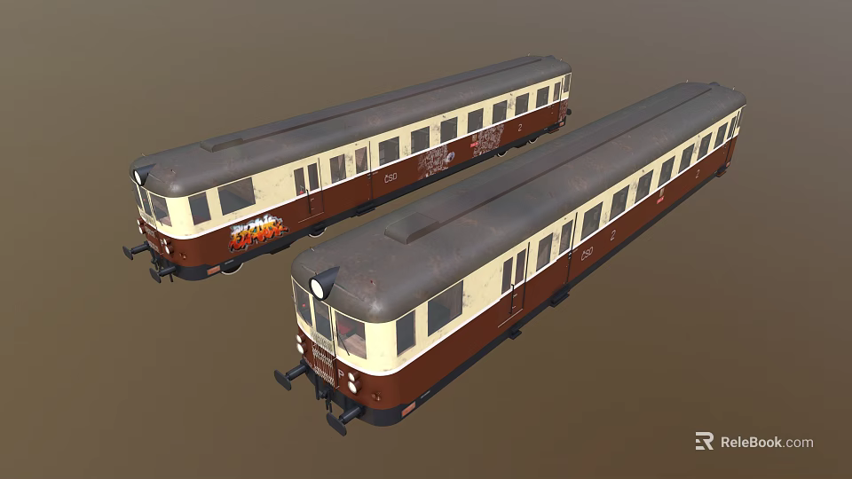 Vintage Brown And White Passenger Trains With Gray Roofs And Classic Carriage Design 3d model 