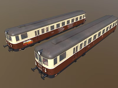 Vintage Brown And White Passenger Trains With Gray Roofs And Classic Carriage Design 3d model