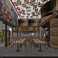 Traditional Chinese Restaurant Interior With Wooden Ceiling Hanging Lanterns And Mural Decor
