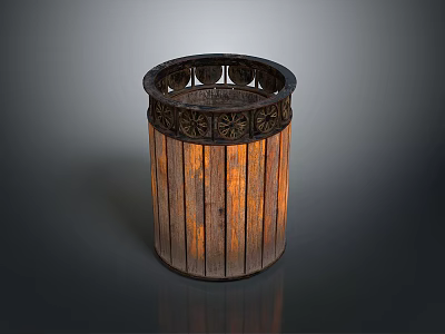 Wooden Cylindrical Glossy Decorative Container With Carved Rim And Vertical Slats 3d model
