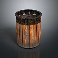 Wooden Cylindrical Glossy Decorative Container With Carved Rim And Vertical Slats