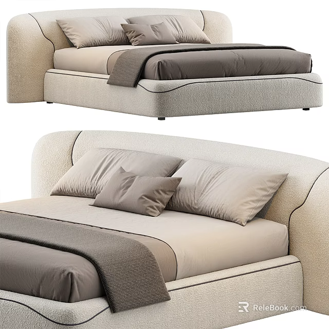 Modern Beige Upholstered Double Bed With Gray Pillows And Curved Headboard 3d model 