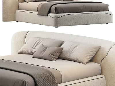 Modern Beige Upholstered Double Bed With Gray Pillows And Curved Headboard 3d model