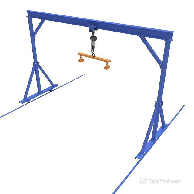 Blue Gantry Crane Structure With Mobile Tracks And Hanging Hook Beam 3d model 