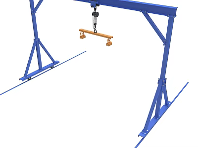 Blue Gantry Crane Structure With Mobile Tracks And Hanging Hook Beam 3d model