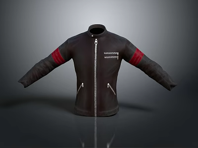 Black Leather Jacket With Red Striped Sleeves Front Zipper And Logo Design 3d model
