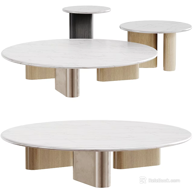 Modern Round Coffee Table With Smooth White Marble Top And Sturdy Wooden Metal Legs 3d model 