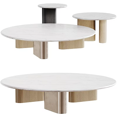 Modern Round Coffee Table With Smooth White Marble Top And Sturdy Wooden Metal Legs 3d model