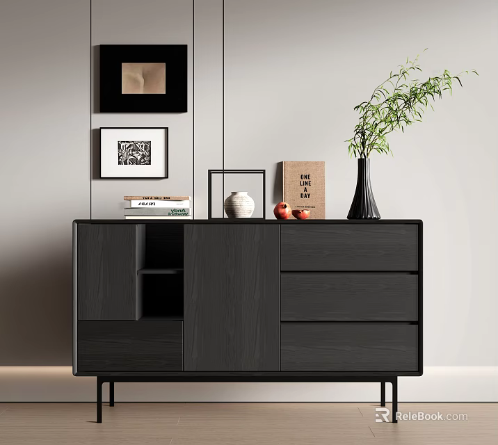 Modern Wooden Entryway Console Table With Drawers Green Plant And Decorative Frames 3d model 