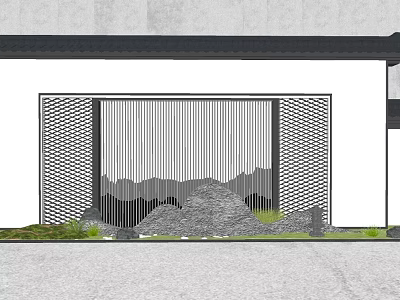 Modern Feature Wall Design With Geometric Grille Stone Accent And Surrounding Green Plants 3d model