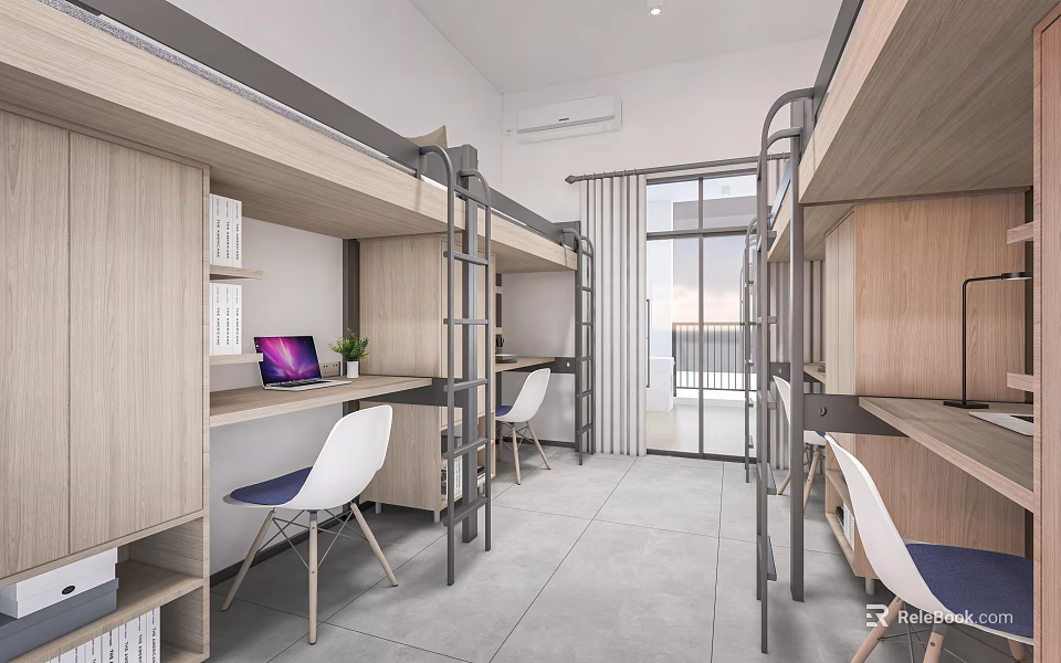 School Dormitory Interior With Bunk Beds Desks Chairs And Laptop On Table 3d model