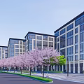 Modern Office Building Complex With Purple Flowers Green Trees And Urban Skyline