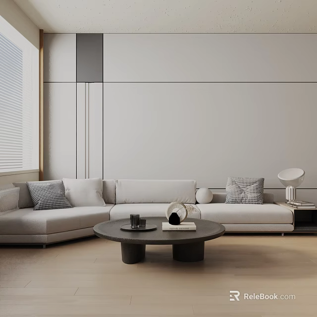 Modern Light Gray Three-Seater Sofa with Plush Cushions in Minimalist Living Room 3d model 