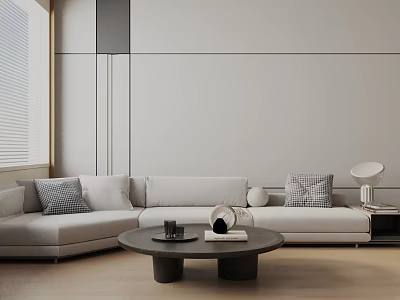 Modern Light Gray Three-Seater Sofa with Plush Cushions in Minimalist Living Room 3d model