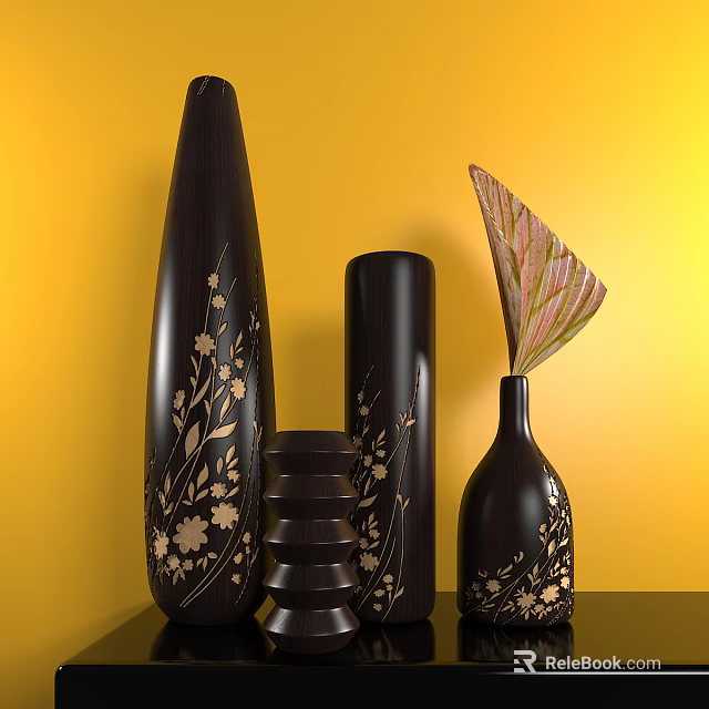Decorative Black Ceramic Vessels With Intricate Gold Floral Patterns Against Yellow Background 3d model 