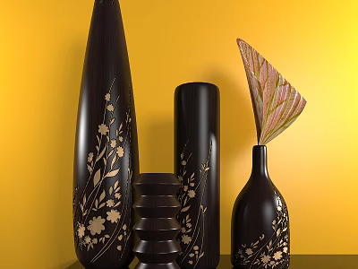 Decorative Black Ceramic Vessels With Intricate Gold Floral Patterns Against Yellow Background 3d model