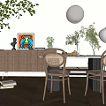 Modern Restaurant Interior With Rattan Chairs Wooden Dining Table Pendant Lights And Green Plants