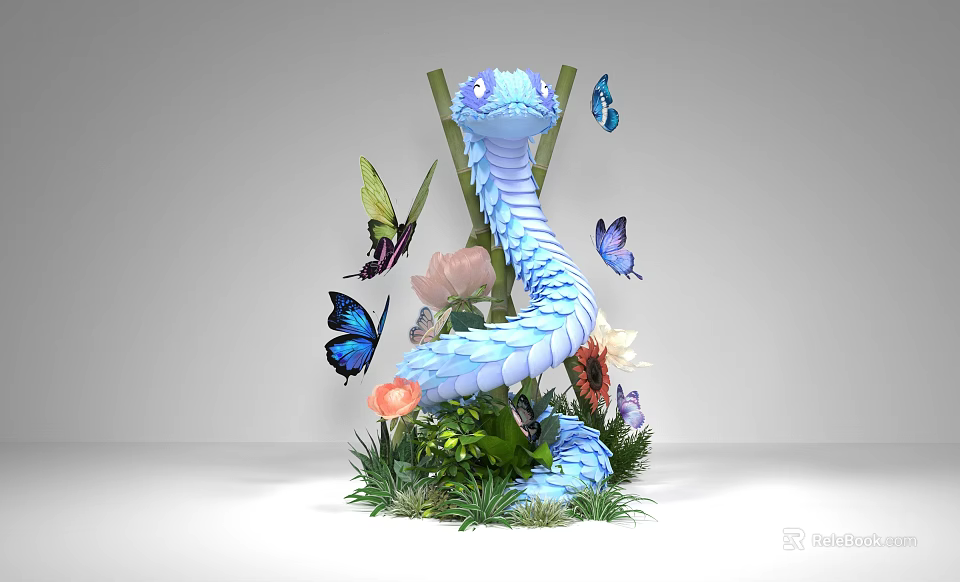 Blue Snake Shaped Art Installation With Colorful Butterflies Flowers And Green Grass 3d model 