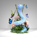 Blue Snake Shaped Art Installation With Colorful Butterflies Flowers And Green Grass
