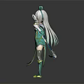 Anime Character Creature With Silver White Hair Red Eyes Teal Outfit Holding Mirror And Ribbons