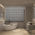 Modern Minimalist Bathroom Interior With Freestanding Bathtub Glass Shower Enclosure Shelves And Blinds